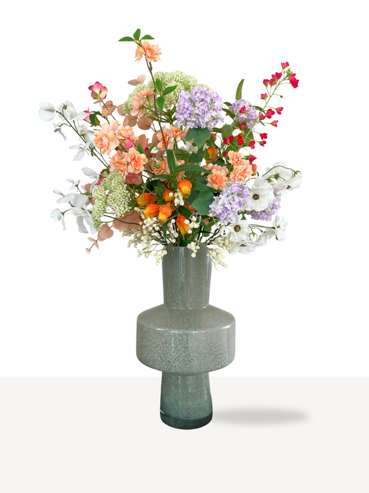 uniek zijden boeket met roze, paarse, witte en groene tinten